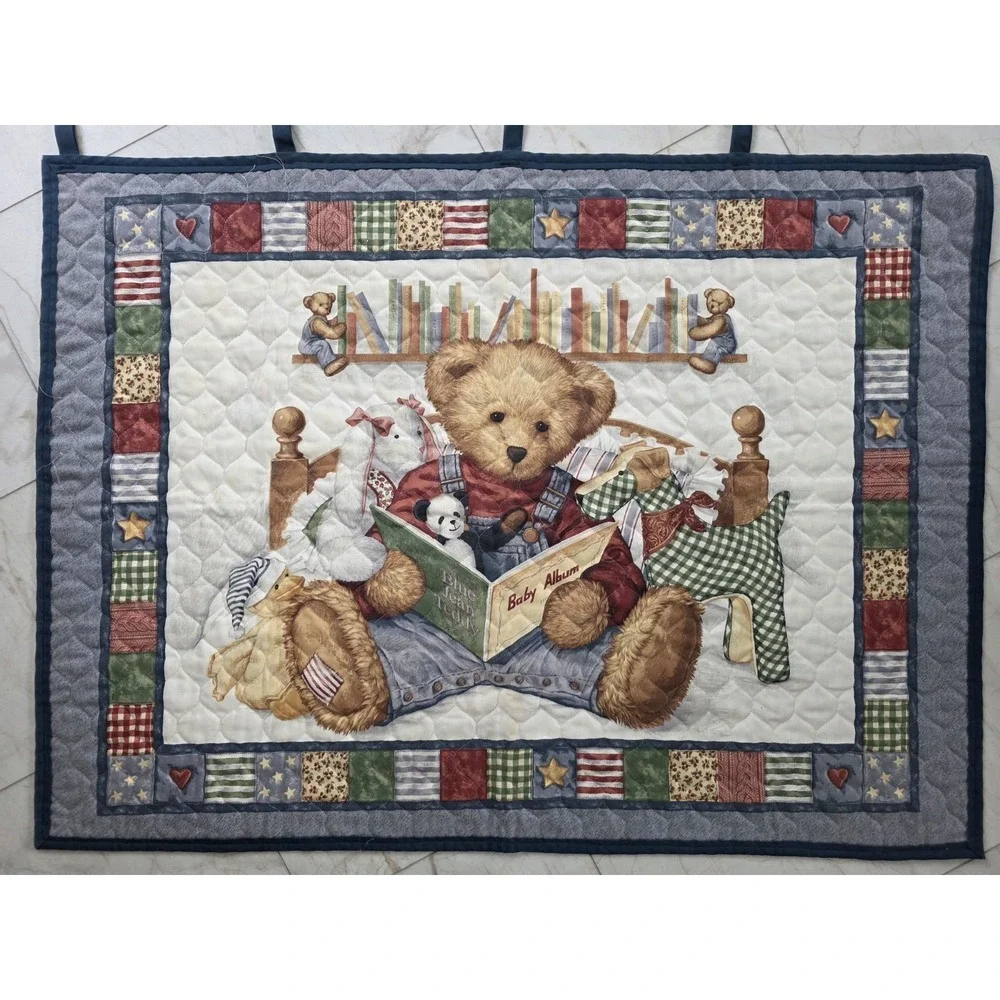 VTG Blue Jean Teddy Bear Toys Comforter / Quilted Baby Blanket Wall Hanging